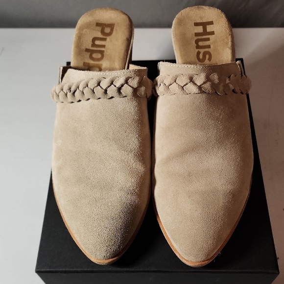 Hush Puppies Tan Suede Mules with Braided Accent - Picture 3 of 9